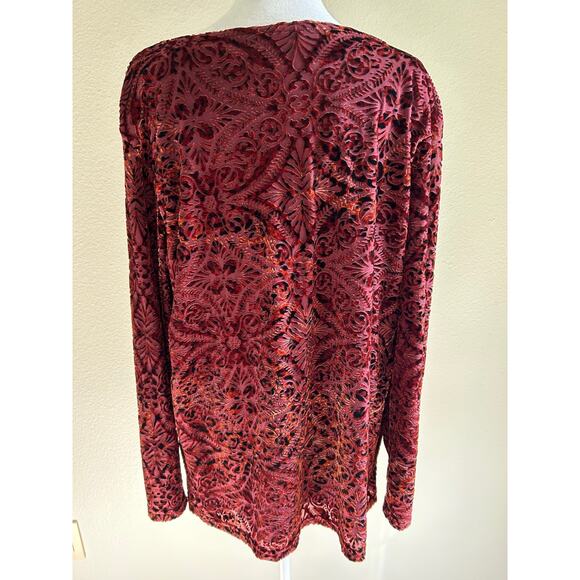 Coldwater Creek Tunic Velvet Burnout Shirt Burgundy Multi Whimsy Floral - Picture 2 of 9